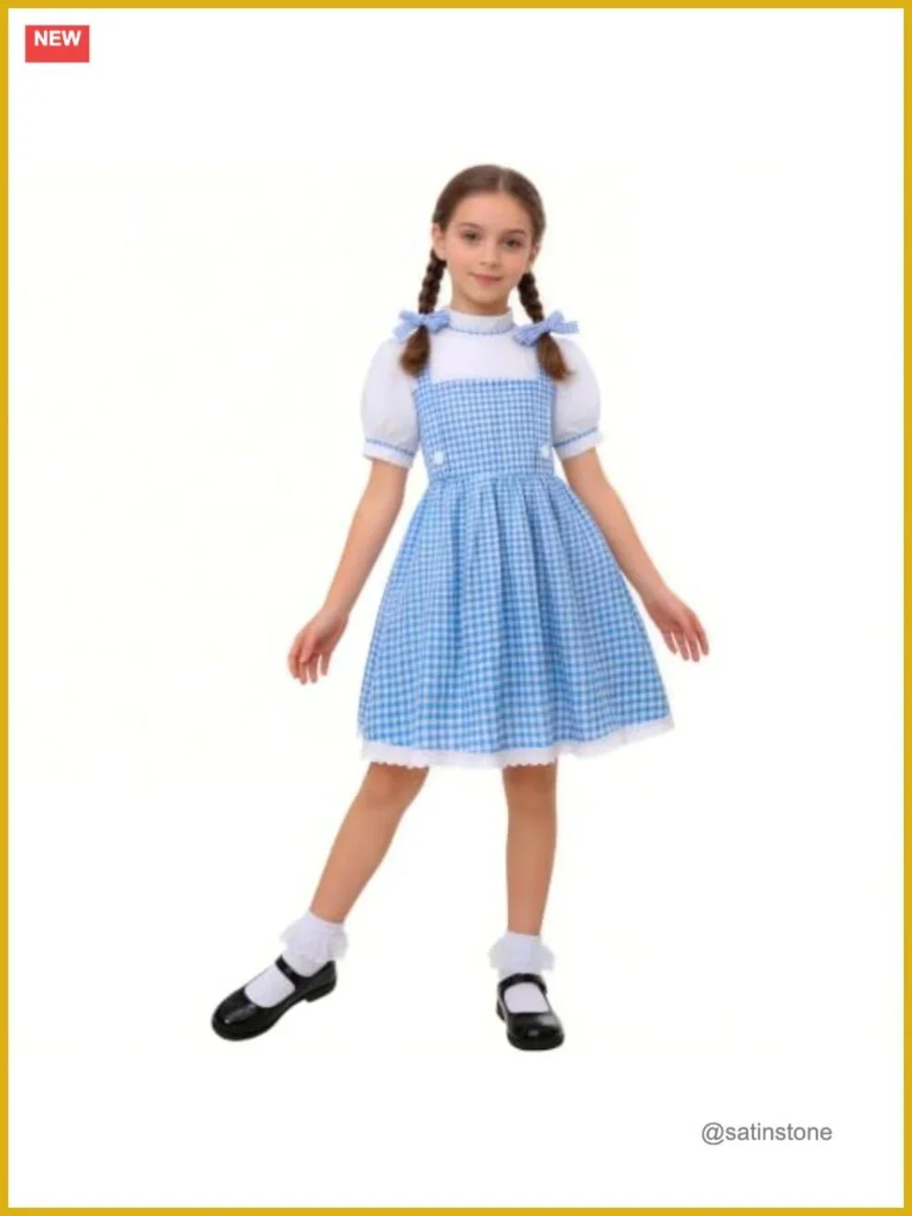 Girls Book Character Costume Plaid Bubble Sleeve Dress with Socks